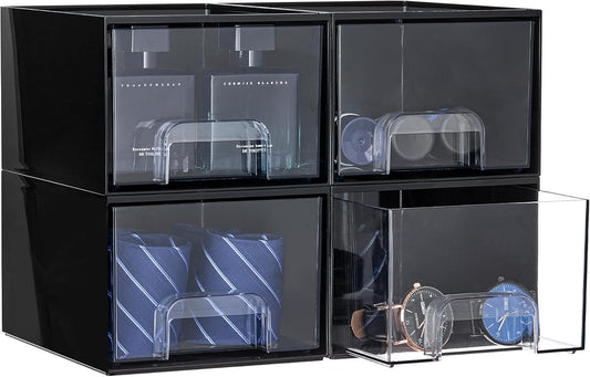 Vtopmart Black Stackable Storage Drawers,4.4‘’ Tall Cologne Organizer for Men,Plastic Containers for Vanity, Dresser,Office Desk,Bathroom Countertop Organization,Ideal for Room Decor,Gifts for Men