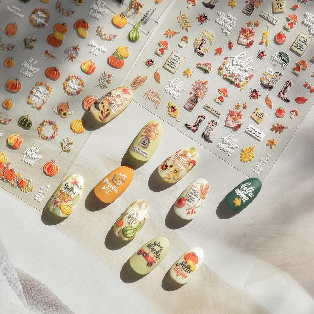 Maple Leaf Nail Stickers Mushroom Fall Nail Art Stickers 3D Self-Adhesive Boots Envelope Nail Designs 5D Embossed Plants Animals Thanksgiving Nails Supplies for Women Holiday DIY Manicure 1 Sheet
