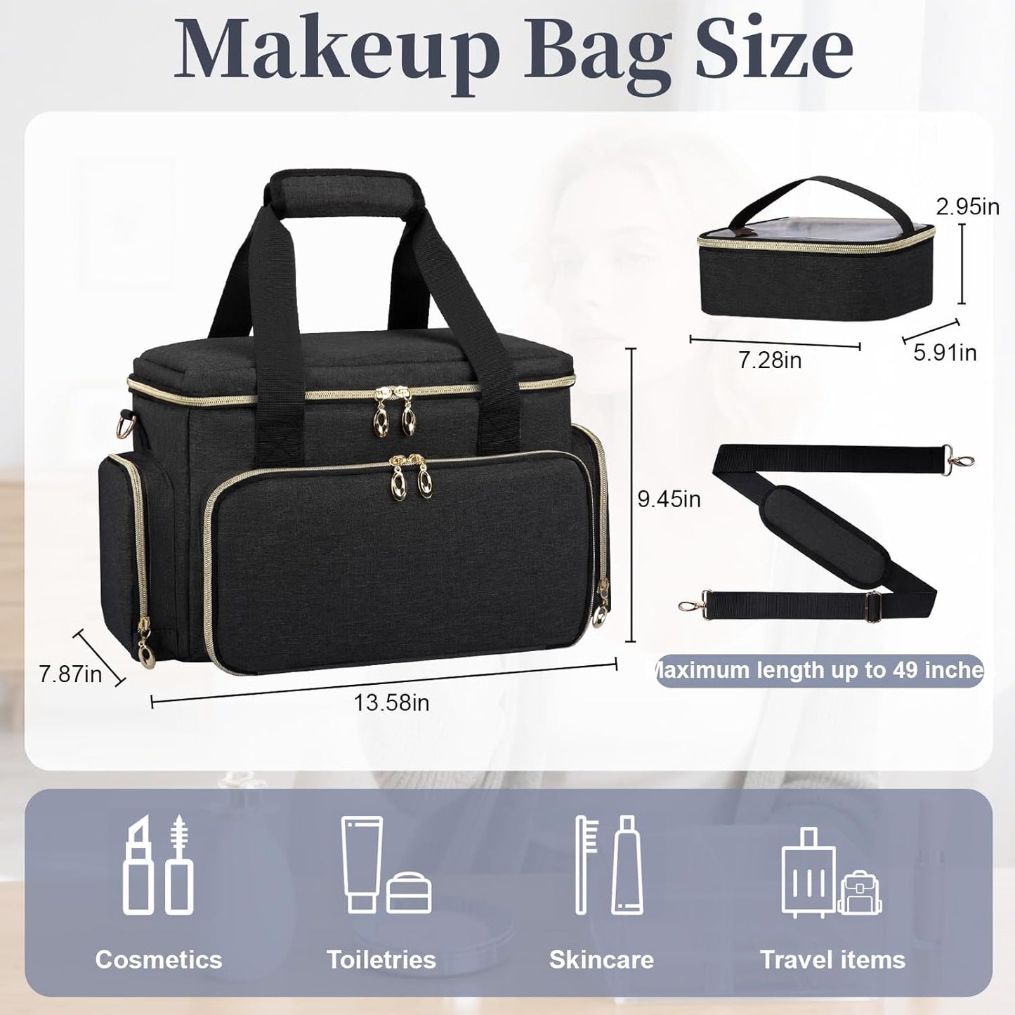 Large Travel Makeup Bag Organizer with Removable Dividers, Portable Cosmetic Storage Case with Brush Compartment and Shoulder Strap
