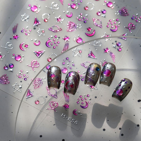 Purple Nail Art Stickers Star Moon Nail Decals 5D Embossed Jelly Nails Stickers Self Adhesive with Design for Women Girls Kid Manicure Charms Supply DIY Decoration Accessories