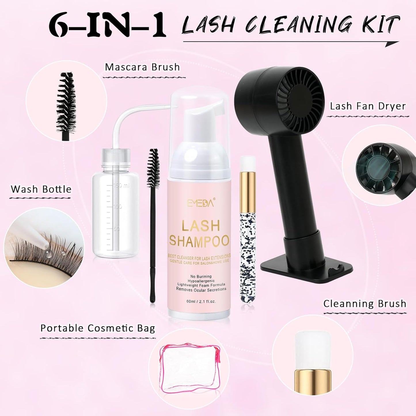 EMEDA Lash Shampoo Kit 2.02 fl oz Lash Cleaning Kit with Rechargeable Fan Dryer/Brush/Rinse Bottle, Oil-free Cleanser Wash for Extensions & Clusters & Natural Lashes, Cleaner for Eyelash Care(Black)