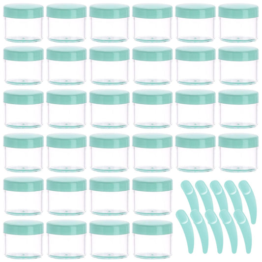 Refillable Cosmetic Sample Jars - 100 Pack 20g (0.7oz) Green Small Travel Containers with Lids + 10 Mini Makeup Spatulas - BPA Free