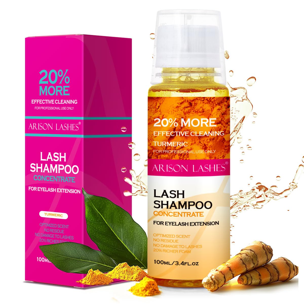 ARISON LASHES Lash Shampoo Concentrate for Lash Extensions 100ML Eyelash Cleanser Concentrate Oil-Free Eyelash Extension Shampoo with Salon Home Care(Turmeric)