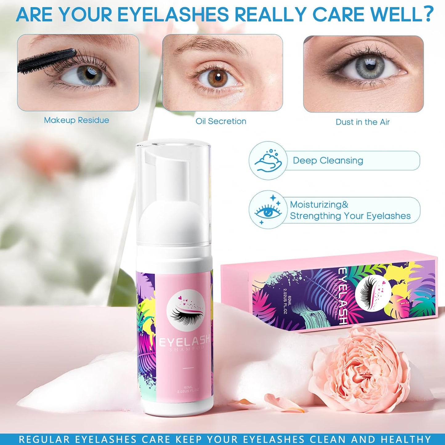 Buqikma Lash Shampoo Kit - Eyelash Extension Cleanser for Extensions 60ML with Rechargeable Handheld Lash Fan Dryer Mascara Brush Rinse Bottle Makeup Cleansing Foam for Lash Care