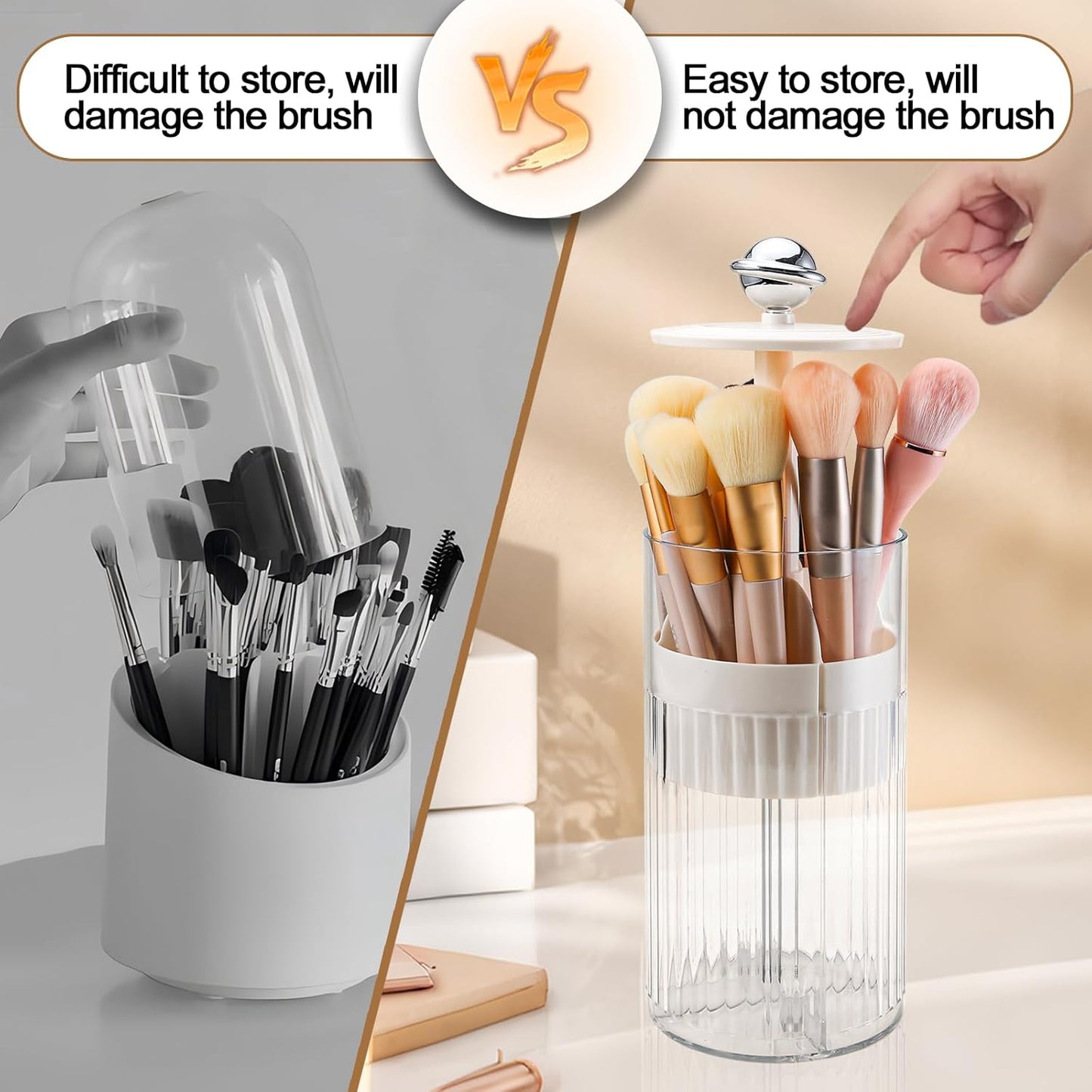 Automatic Lift Makeup Brush Holder with Lid Dustproof Clear Cosmetic Brush Organizer 4-Slot Vanity Brush Storage Container (Cream)