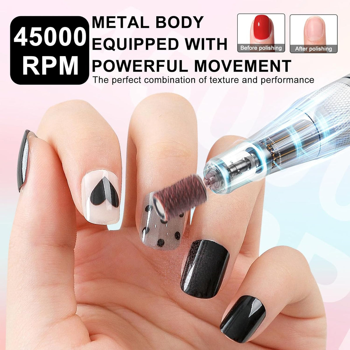 Professional Electric Cordless Nail Drill File:Glitter Portable Cordless E-File Nail Drill Kit with13 Drill Bits 45000RPM Rechargeable Nail Drills Machine for Acrylic Nails Gel Polishing (Pink)