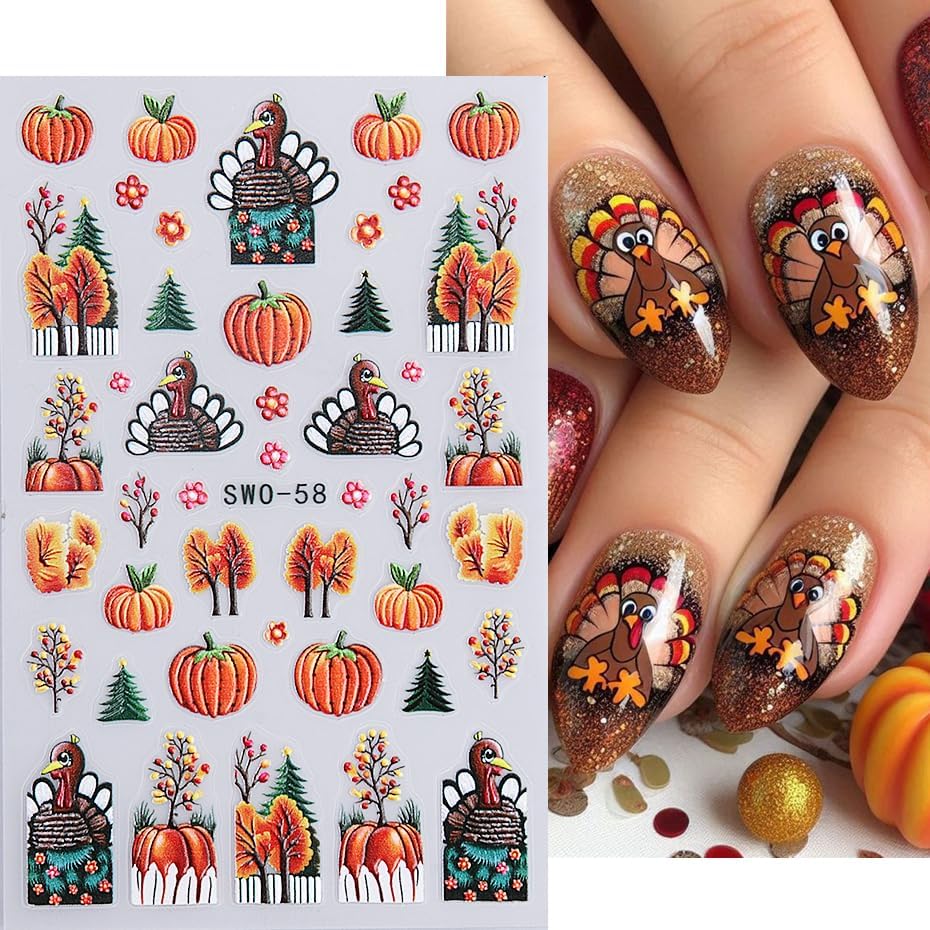 4Pcs Fall Nail Stickers 3D Pumpkin Maple Leaves Thanksgiving Nail Decals Orange Tree Nail Art Stickers 5d DIY Self Adhesive Nail Design Decoration
