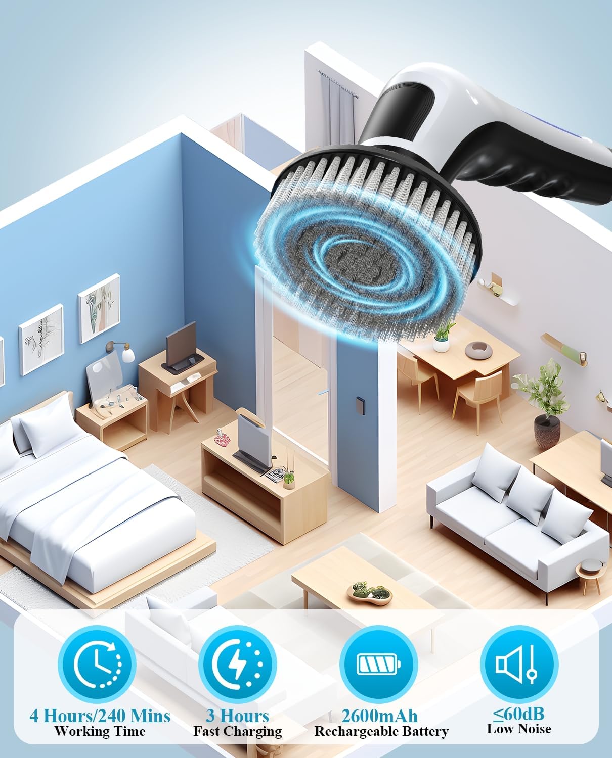 Electric Spin Scrubber, Rocfinity Cordless Cleaning Brush with 9 Brush Heads, 3 Adjustable Speeds and Extension Handle for Bathtub, Kitchen, Window,Full-Body IPX7 Waterproof Bathroom Cleaner Brush