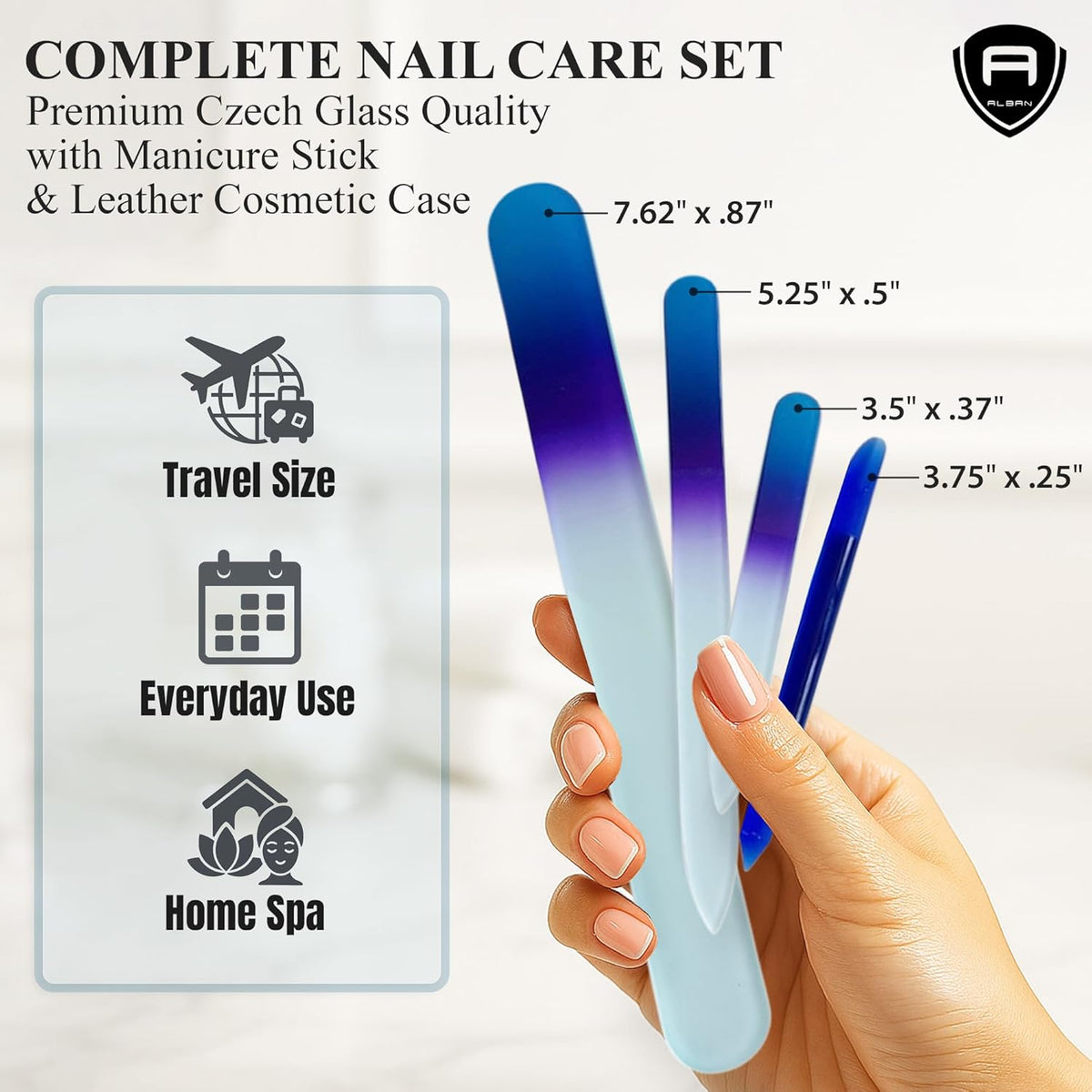 Alban Czech Glass Nail File Set with Manicure Stick & Vegan Leather Cosmetic Case (Royal Blue & Purple Nail Files, Royal Manicure Stick & Light Blue Cosmetic Case)