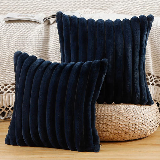 MADIZZ Set of 2 Faux Wool Plush Decorative Throw Pillow Covers 24x24 Inch Dark Blue Fluffy Striped Soft Decorative Cushion Cover for Sofa Bedroom Pillow Shell