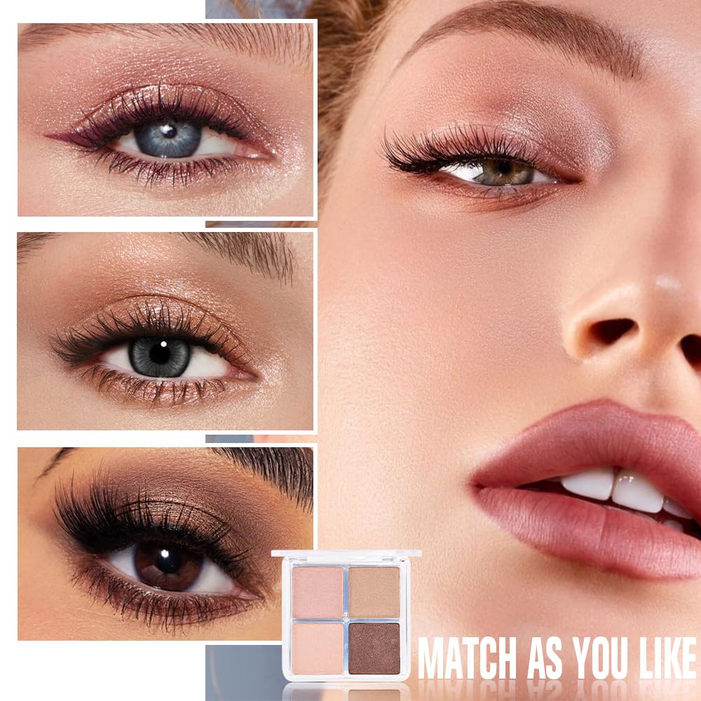 4 Colors Dark Brown Nude Pink Eye Shadow Powder Palette Makeup, Neutral Matte Shimmer Cream Quads Eyeshadow Palette for Women Highly Pigmented Waterproof, paleta de sombras de ojos, Vegan, 06