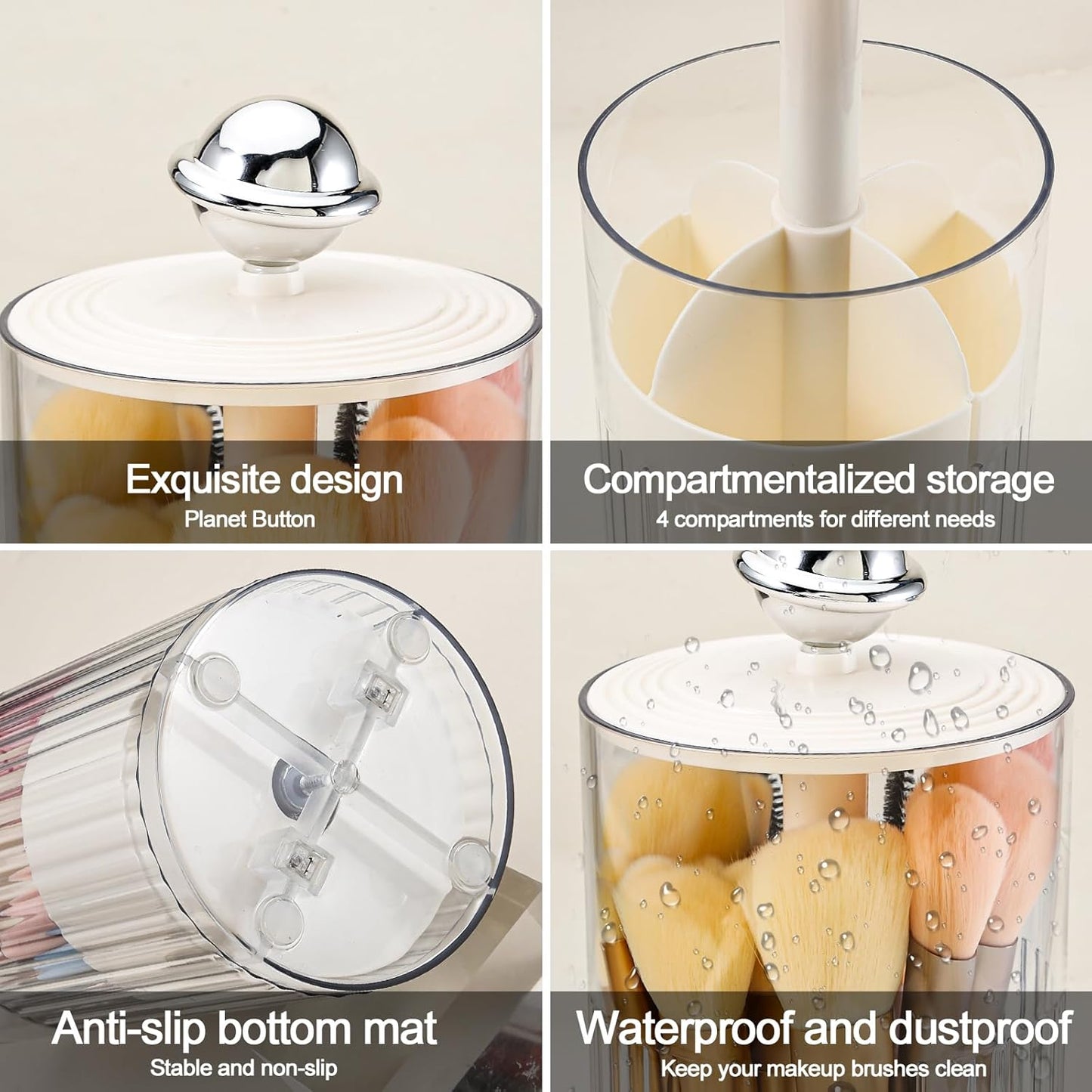 Automatic Lift Makeup Brush Holder with Lid Dustproof Clear Cosmetic Brush Organizer 4-Slot Vanity Brush Storage Container (Cream)
