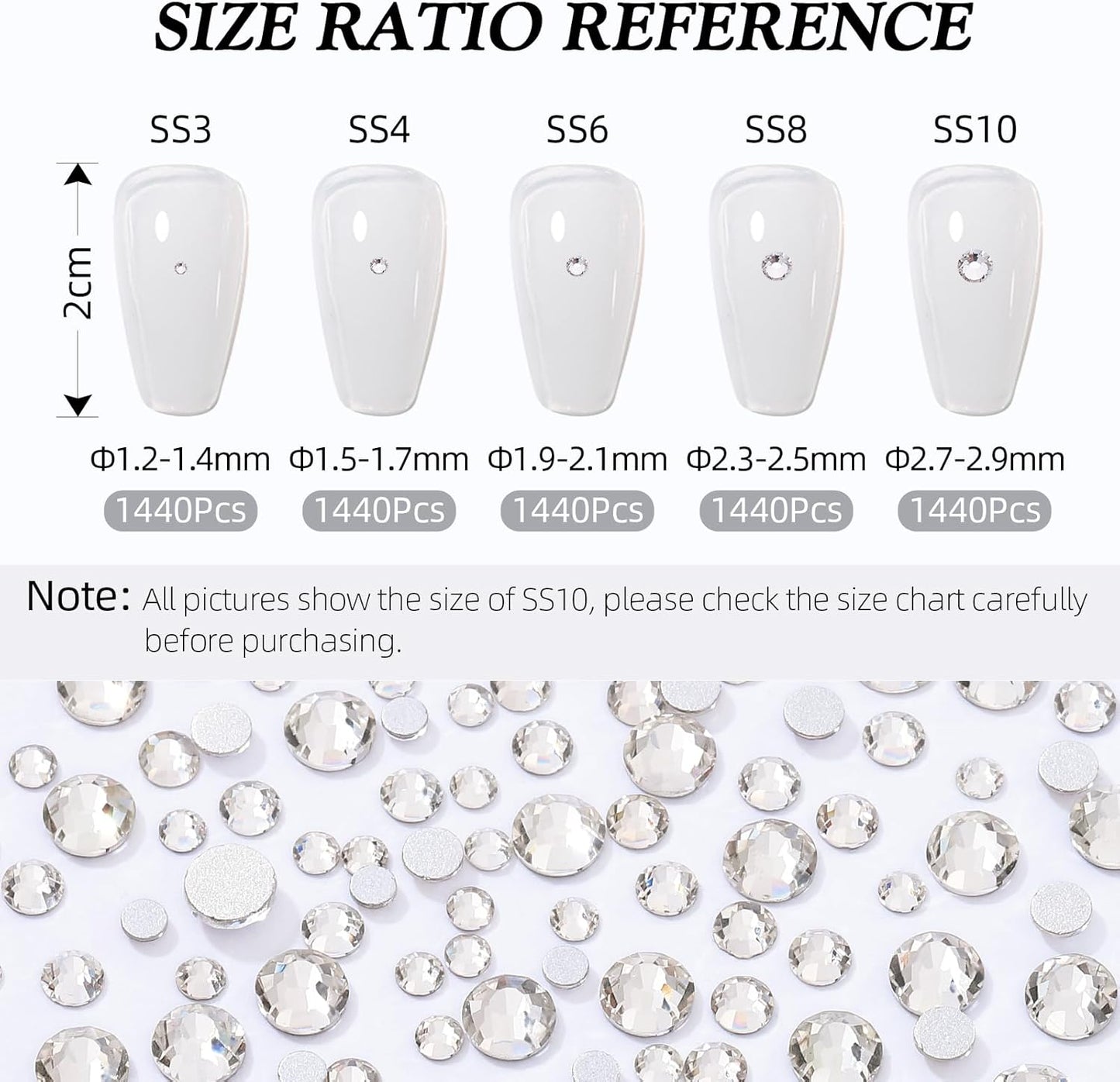 Crystal Clear Flatback Rhinestones, Glass Rhinestones for Nail Art and Craft, Glue Fix, Loose Crystal Gemstones(Crystal, SS6, 1440pcs, 1.9-2.0mm)