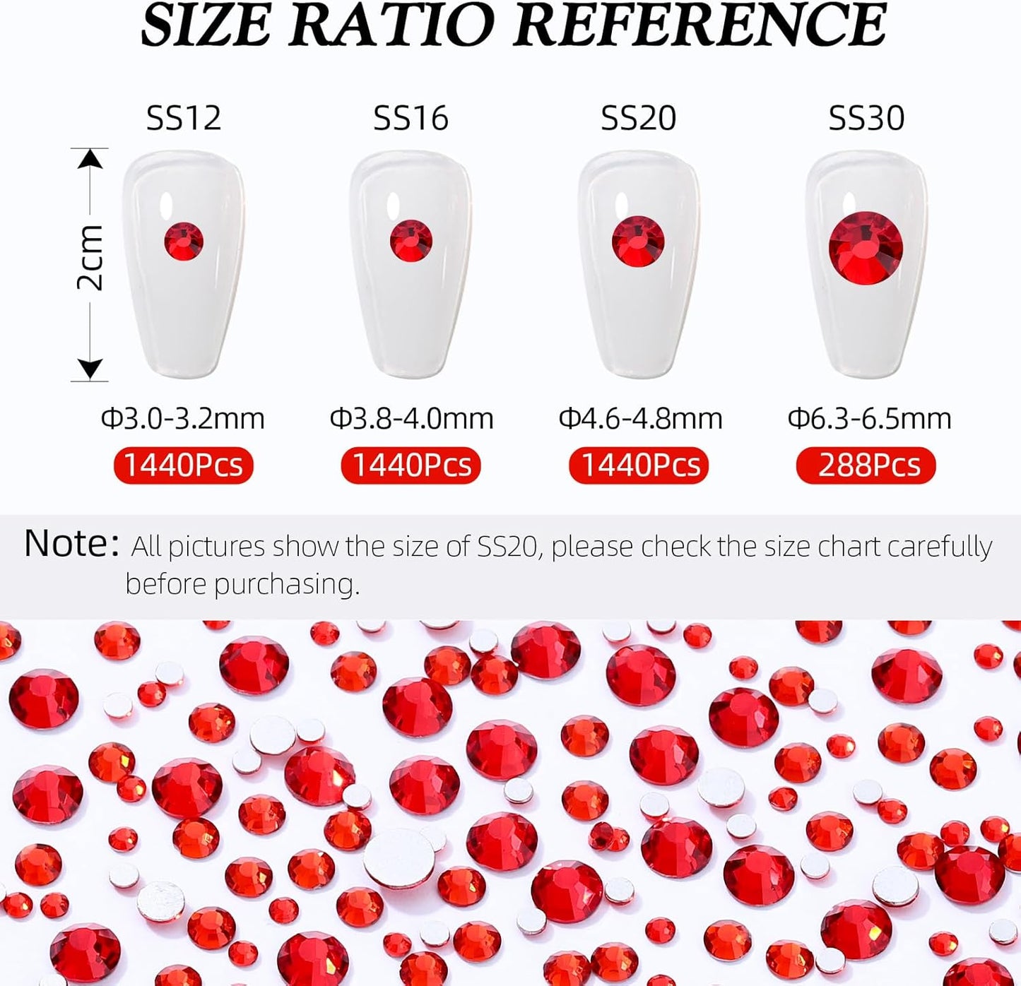 Light Siam Flatback Rhinestones, Glass Rhinestones for Nail Art and Craft, Glue Fix, Loose Crystal Gemstones(Red, SS16, 1440pcs, 3.8-4.0mm)
