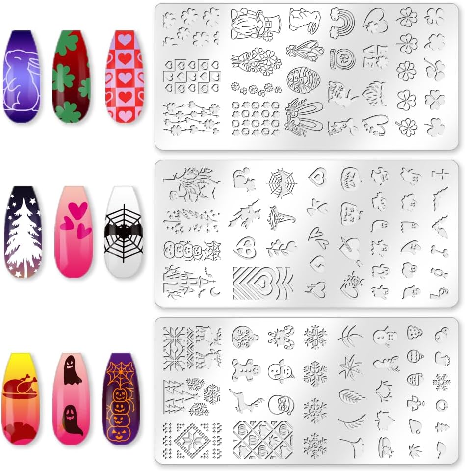 3Pcs Holiday Nail Stamping Plate Set Seasonal Halloween Christmas Nail Stamp Templates Valentine St. Patrick's Day Metal Reusable Tools with Stamper Scraper for Manicure Printing