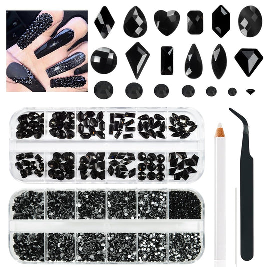 4080Pcs Black Nail Rhinestones Crystal Flatback Jet Black Rhinestones Round Beads Glass Gems Stones Nail Art Gems Diamonds jewels Multi Shapes Sizes Nail Charms for Nails Eyes Makeup DIY Crafts