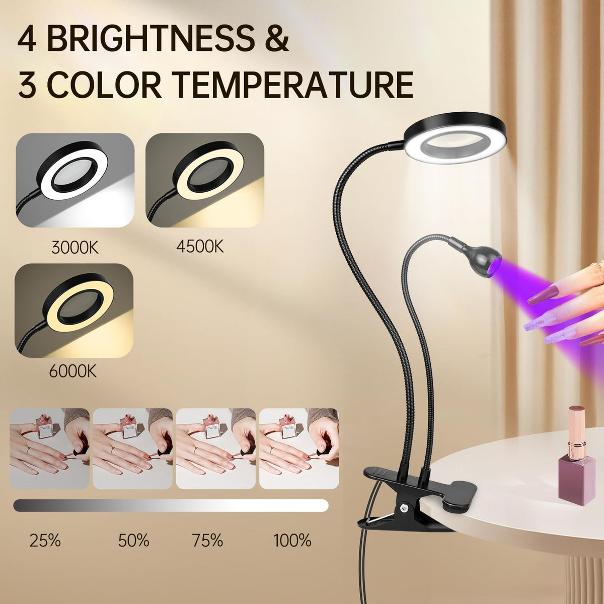 AORAEM LED UV Nail Lamp: Double-Headed Gooseneck U V Lamp for Gel Nails, LED Flash Cure Light with 6X Magnifier Home DIY Salon, Black