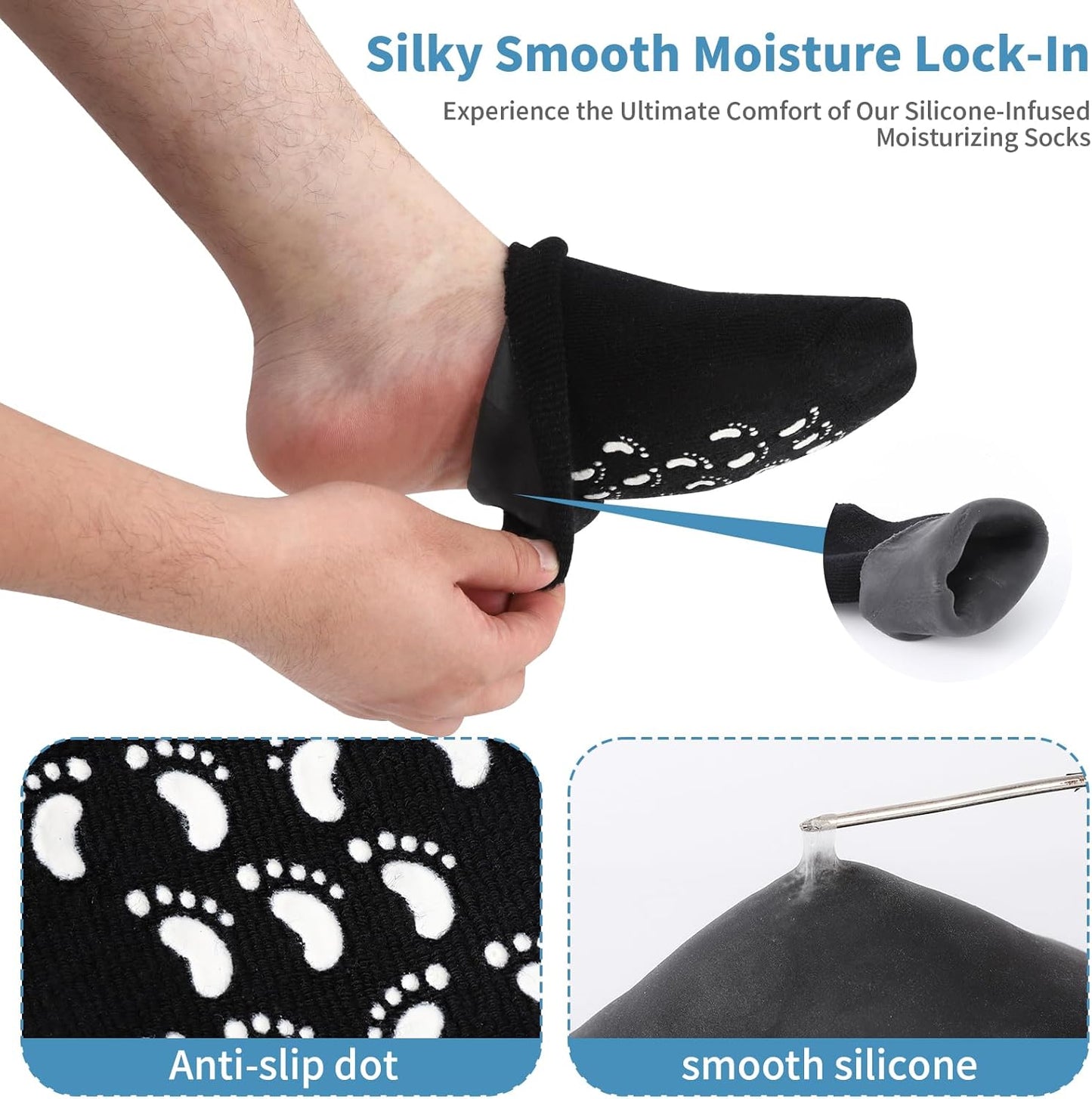 11" Large Silicone Moisturizing Socks for Men - 2 Pairs Soft Foot Care Socks - Feet Moisturizing Socks for Dry Cracked Feet (Size L)