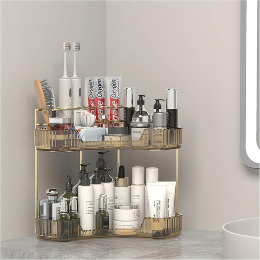 Corner Bathroom Counter Organizer with Top Toothbrush Holders, 2-Tier Make Up Organizers for Vanity with Brush Holder, Corner Storage for Bathroom, Kitchen, Dresser