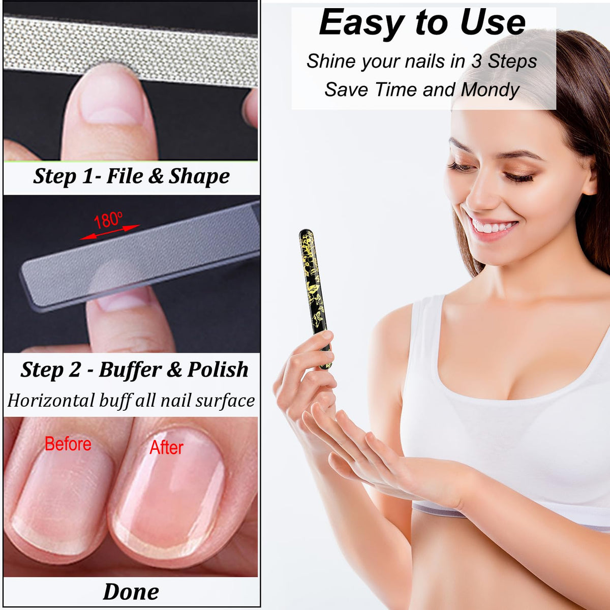 Diamond Nail File with Crystal Nail Shiner Set, Stainless Steel Nail File with Nano Glass Buffer, Metal Sapphire File with Nail Polisher, Professional Manicure Pedicure Kit for Salon Home and Travel