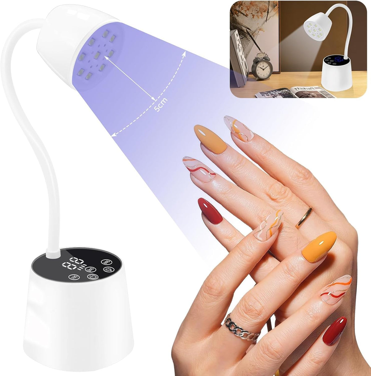 UV Nail Lamp, 2 in 1 UV Light for Gel Nails Curing Polish and Desk Lamp,27W Rechargeable LED Nail Light Nail Dryer with 3 Timers & Auto Sensor, Fast Flash Goosenecks Lamp for Home DIY Manicure-White