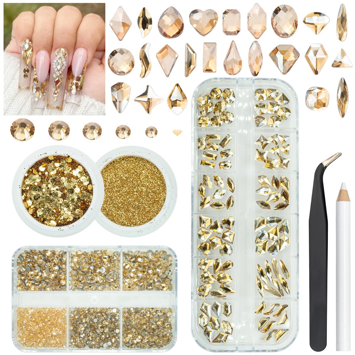 4 Boxes Champagne Gold Rhinestones and Glitters 24 Shapes K9 Glass Golden Gems Flatback Round Stones Diamonds Crystals Nail Art Charms Supplies for Nails Face Eyes Makeup Crafts Clothes Shoes