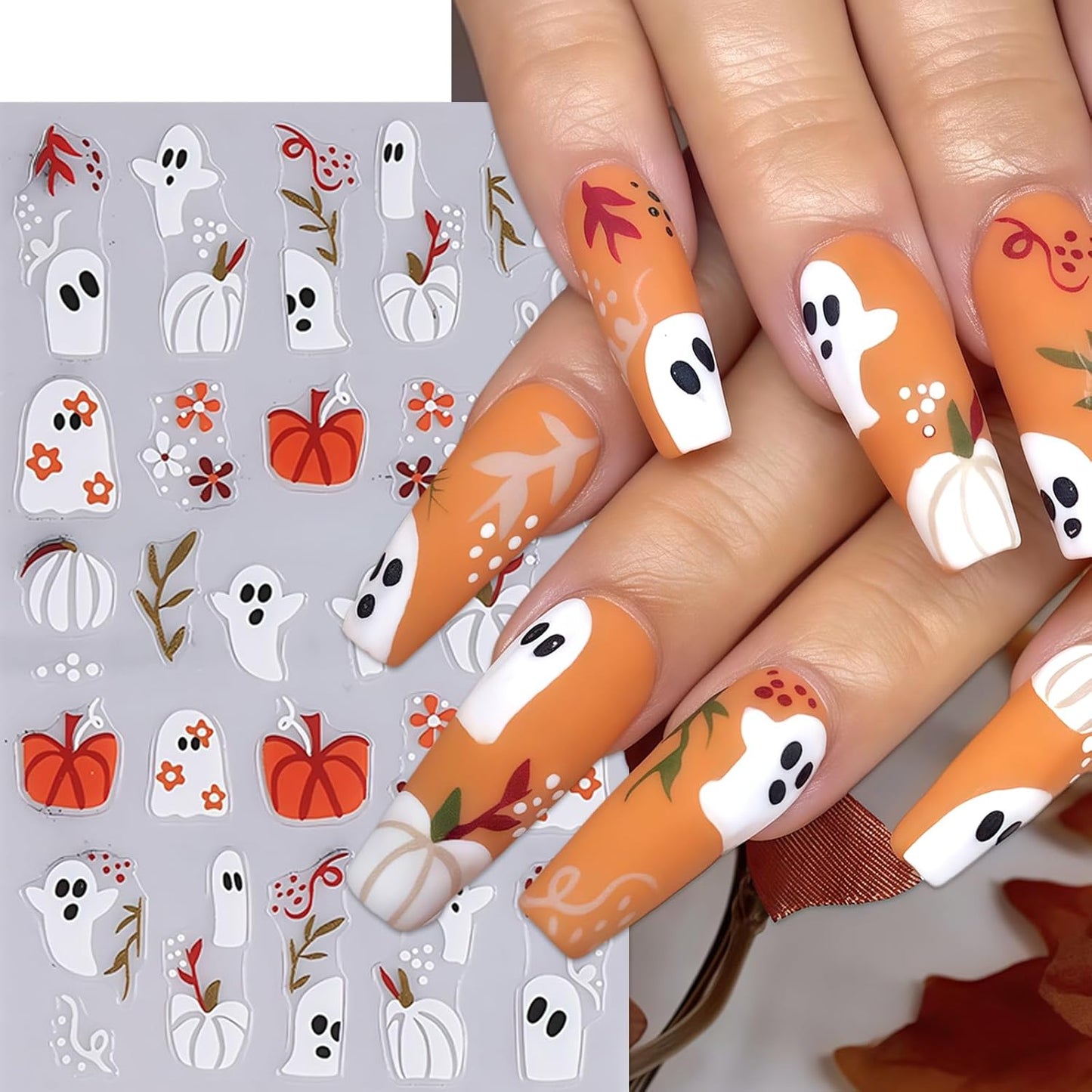 4Pcs Halloween 5D Embossed Nail Stickers Cute Ghost Nail Decals Self-Adhesive Pumpkin Spider Web Flower Ghost Nail Design Cats Skeleton Hand Nails Decorations Halloween DIY Manicure Supplies for Women