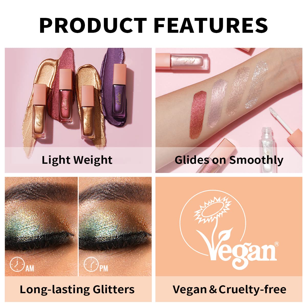 Oulac Liquid Glitter Eyeshadow - Metallic Golden Liquid Eyeliner Shimmer Eye - Non-Creasing, Lightweight, Moisturizing Formula - Easy to Remove - Vegan & Cruelty-Free (32)