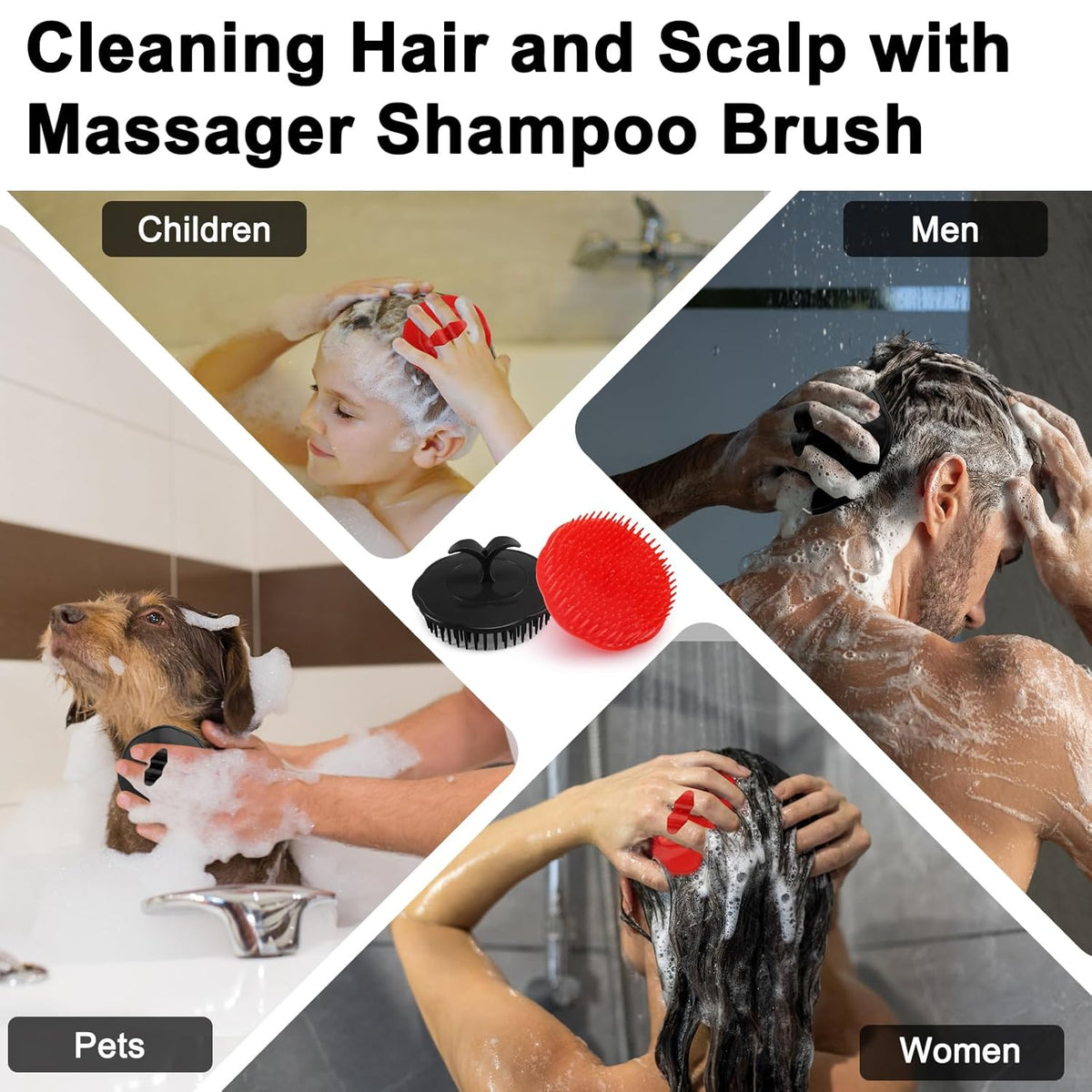 NICEMOVIC Scalp Scrubber Shampoo Brush 4 Pack, Scalp Massager for Hair Growth & Dandruff, Head Hair Scrubber for Shower & Dry Use, Massage Tool for Men Women Kids (2 Black + 2 Red)