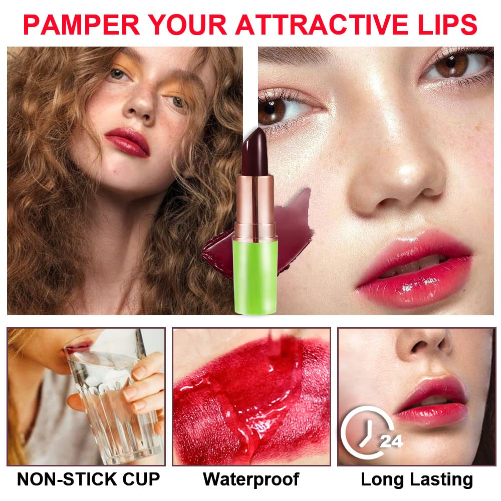 evpct 2Pcs Black Red Cherry Magic Mood Color Changing Lipstick Long Lasting 24 Hours Original for Women, PH Color Change Changing Jelly Lipstick Tinted Lip Balm Stain Gloss Makeup Set, labial magico