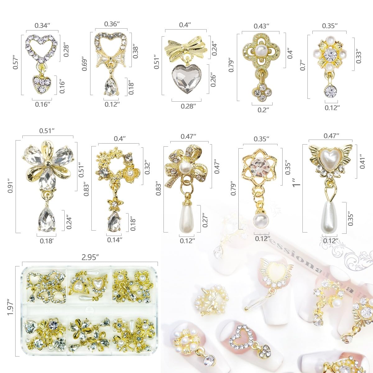 20Pcs Luxury Nail Charms 10 Pair Dangle Nail Art Rhinestones Heart Charms for Nails Flower Nail Crystals Heart Pearl Crystal Big Gems 3D Alloy Gold Luxury Nail Gems for Nails Crafts DIY Jewelry Making
