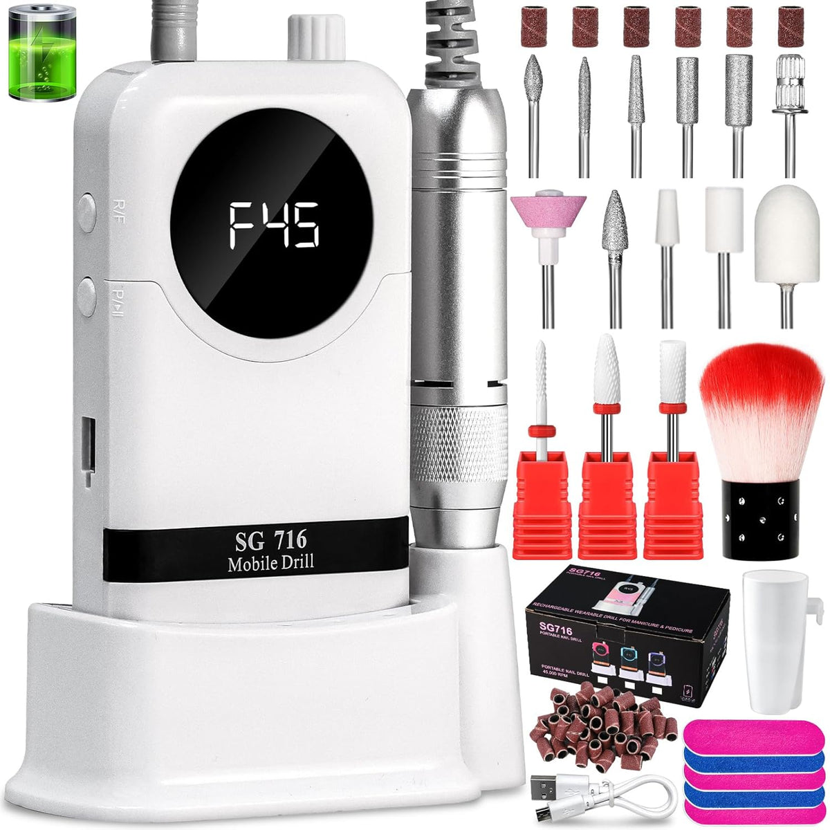 Electric Nail Drill Professional Kit - 45000RPM Electric Nail File Efile Portable Nail Drill Cordless with Bits & Base,E File Machine Nail Grinder for Women (White)