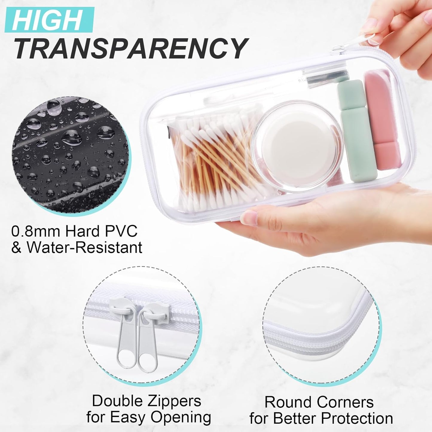 Hoolerry 3 Pcs Clear Hard Zipper Case Plastic Pouch Transparent Hard Case Clear Makeup Bag Portable Travel Organizer Bin for Cosmetics, Building Blocks, Puzzles(White,S)