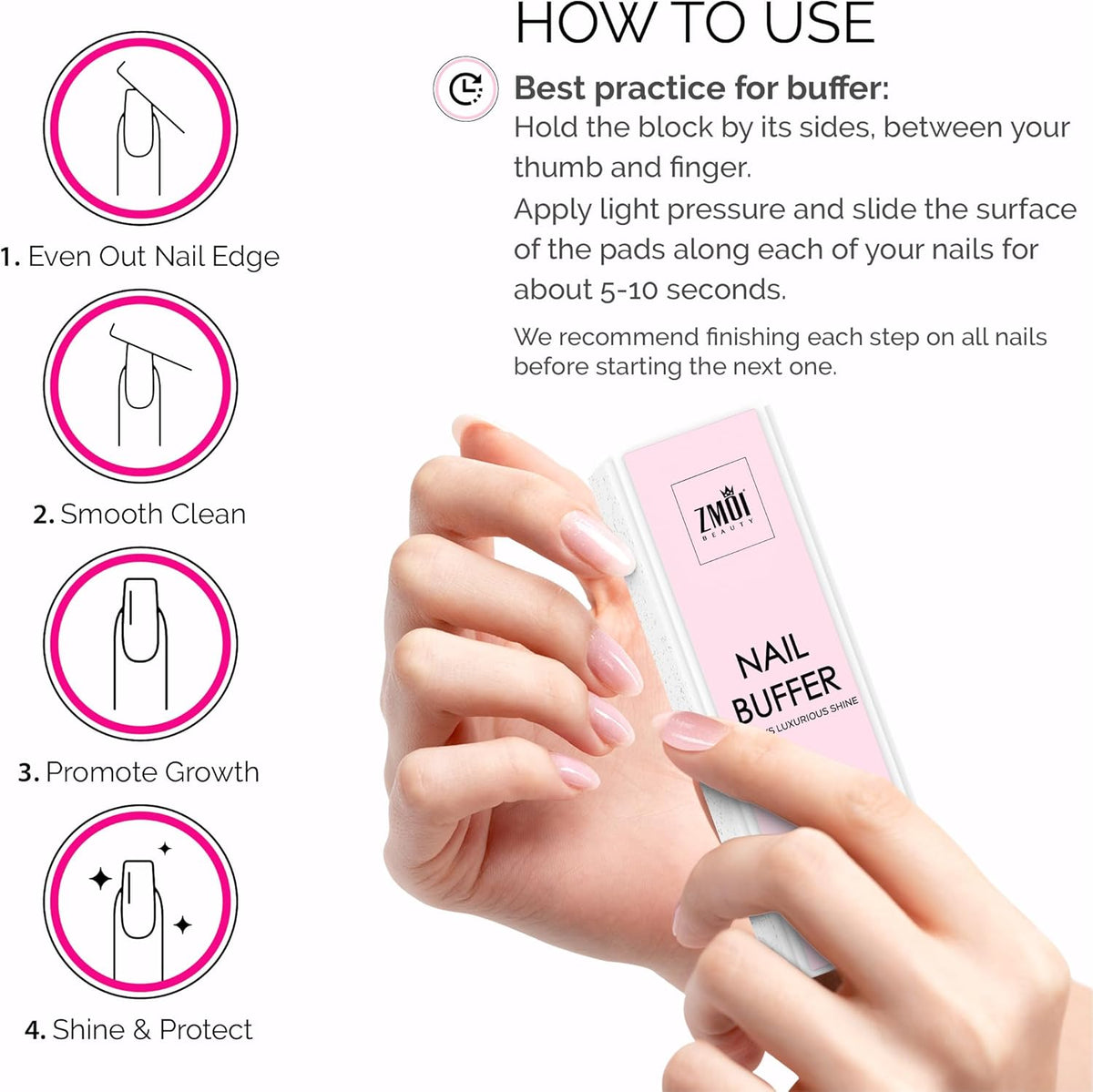 Pro Nail Buffer Block – 2 Pack Luxurious Shine Korean 4-Way Nail Buffing Block Pink – Natural Shine Nails – Manicure/Pedicure Tools for Home and Salon