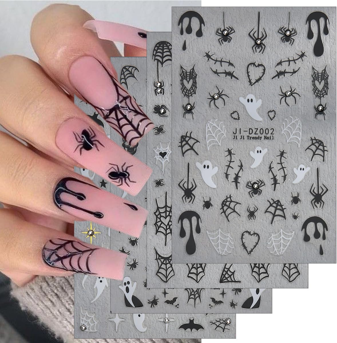 4Sheets Dark Halloween Nail Art Stickers 3D Self-Adhesive Shiny Crystal Spider Nail Decals Cute Ghost Skull Spider Web Nails Designs Stickers Halloween Nails Art Supplies for Women Holiday Nails Decor
