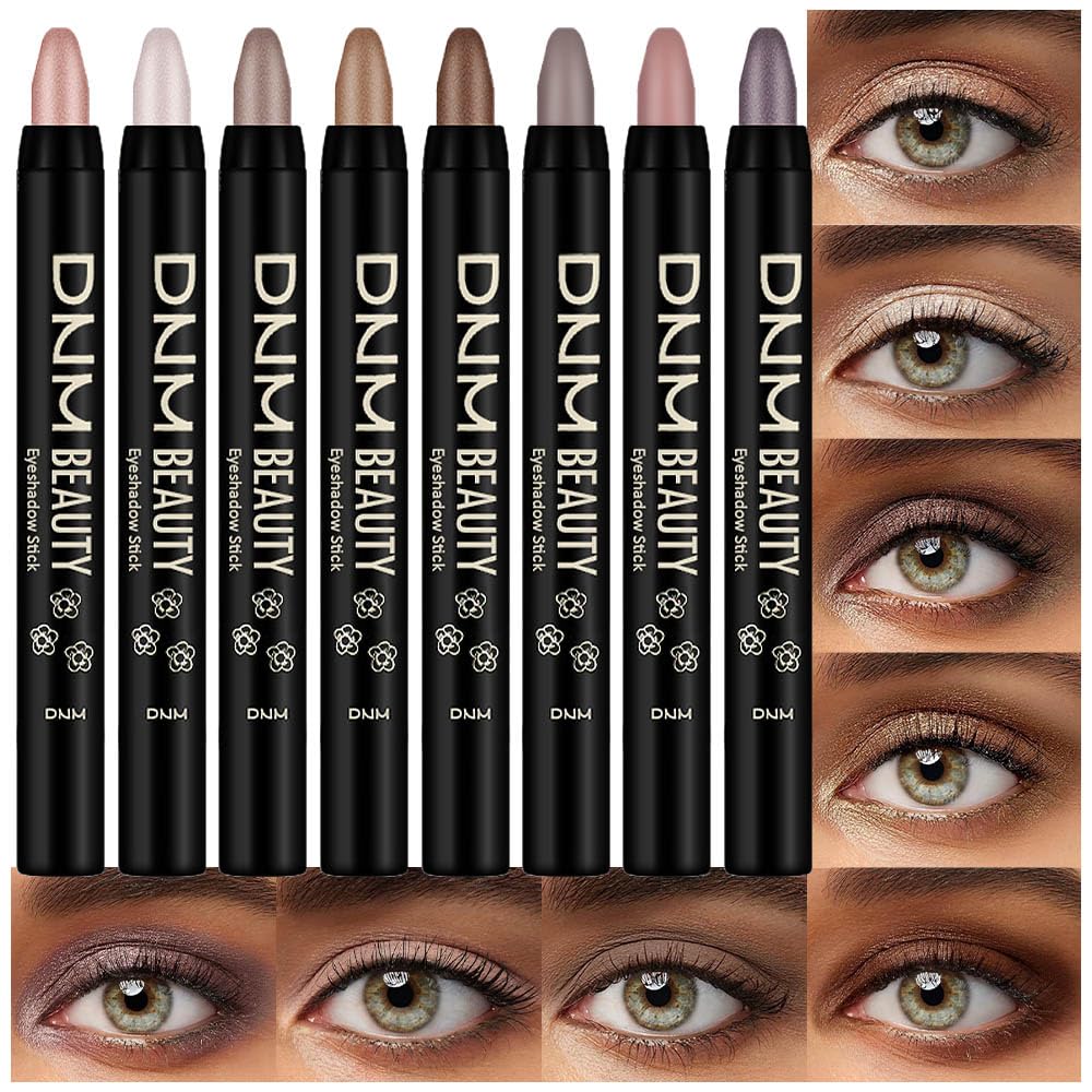 Kaely 8Pcs Cream Eyeshadow Stick Set, Champagne Pearl Taupe Bronze Cocoa Stone Putty Smoky Amethyst, Matte Shimmer Eyeliner Pencil Eye Shadow Sticks Palette Makeup for Older Women, Cruelty-Free 03