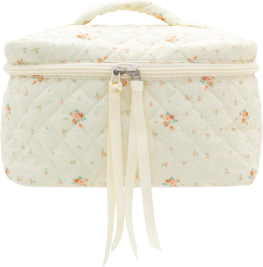 PAZIMIIK Quilted Makeup Bag Large Travel Zipper Soft Cosmetic Case for Women Girls Make Up,Floral White