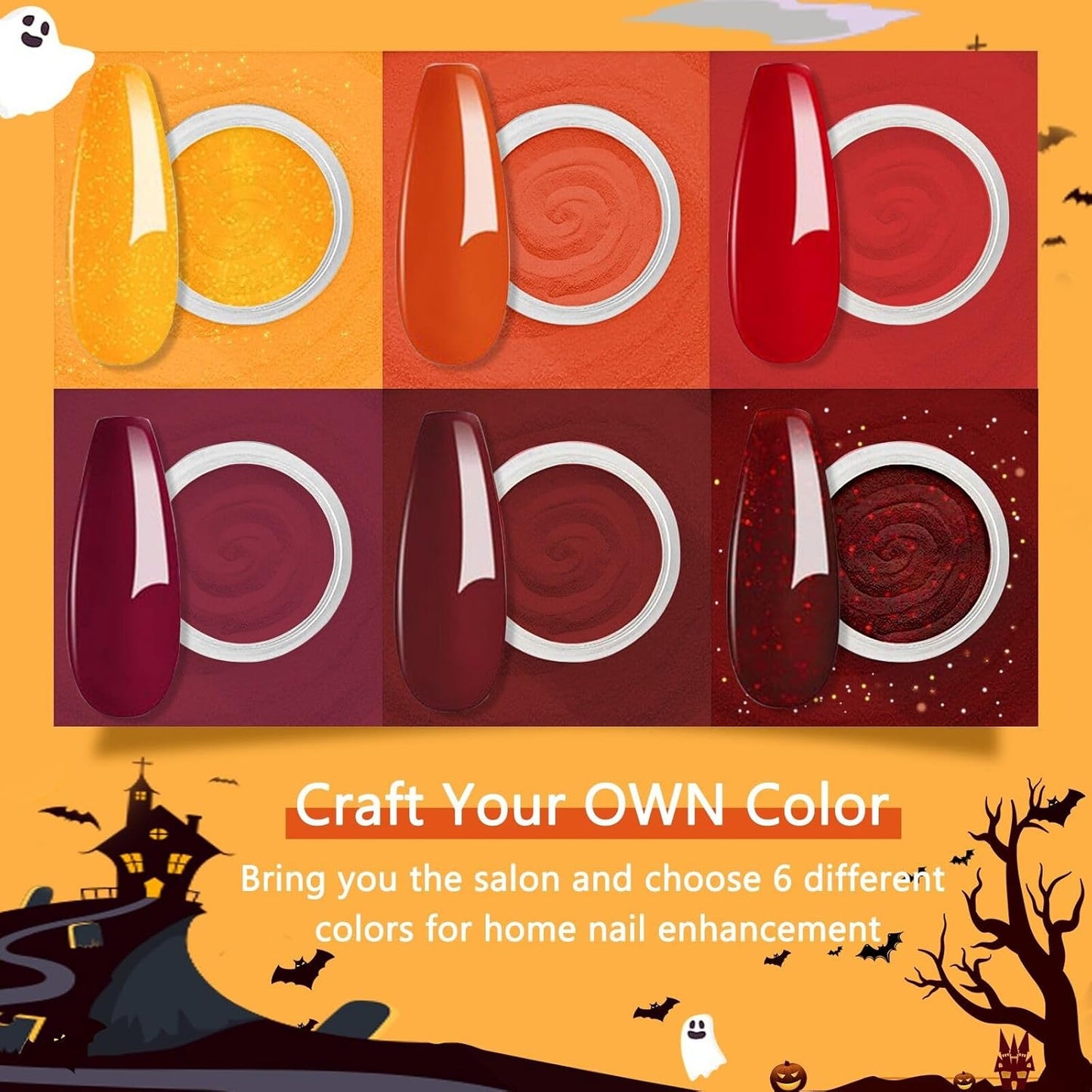 6 Colors Dip Powder Set, Red Orange Glitter Hallowen Dipping Powder Color Set, Glossy Nail Art Manicure DIY Salon Home Gift for Ladies (YYSDDPS-06-6pcs)