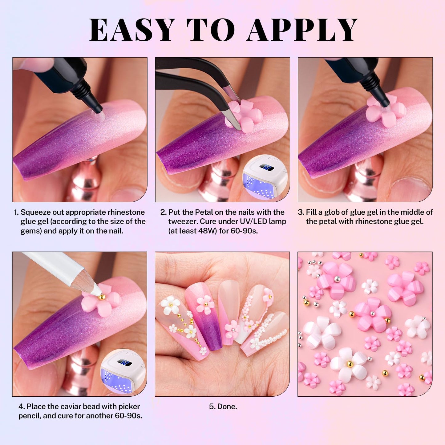 3D Flowers for Nails, Colorful Acrylic Flower Nail Charms with Caviar Beads, Flat Back Glass Crystal AB + Clear Gemstones Round Gems Rhinestones for Nails and Acrylic Nails with Dotting Tools