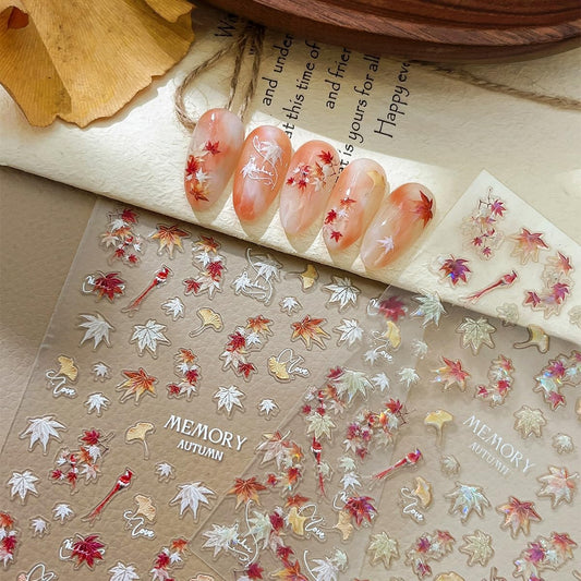 2Sheets Autumn Maple Leaf Nail Art Stickers 5D Embossed Fall Leaf Nail Decals Shiny Maple Leaves Nail Sticker for Thanksgiving Day Nail Art Maple Leaf Manicure Acrylic Nails Accessories for Women DIY