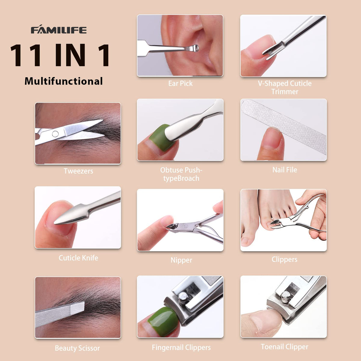 FAMILIFE Gifts for Women, Manicure Set Professional Manicure Kit 11 in 1 Nail Kit Nail Clippers Tools Stainless Steel with Rose Gold Leather Case Travel Sets