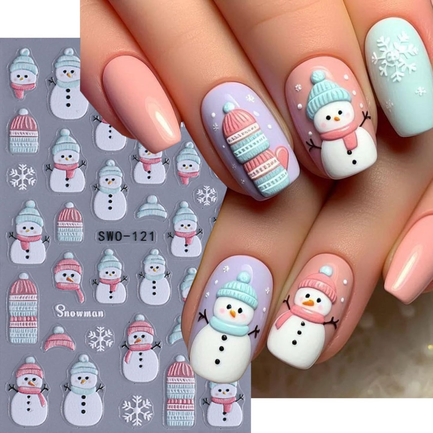 2Pcs Christmas Nail Art Stickers Decals 5D Embossed Winter Nail Decals Snowflake Nail Stickers Pink Blue Hat Scarf Snowman Nail Supplies New Year Winter Nails Supplies for Women Manicure Decoration