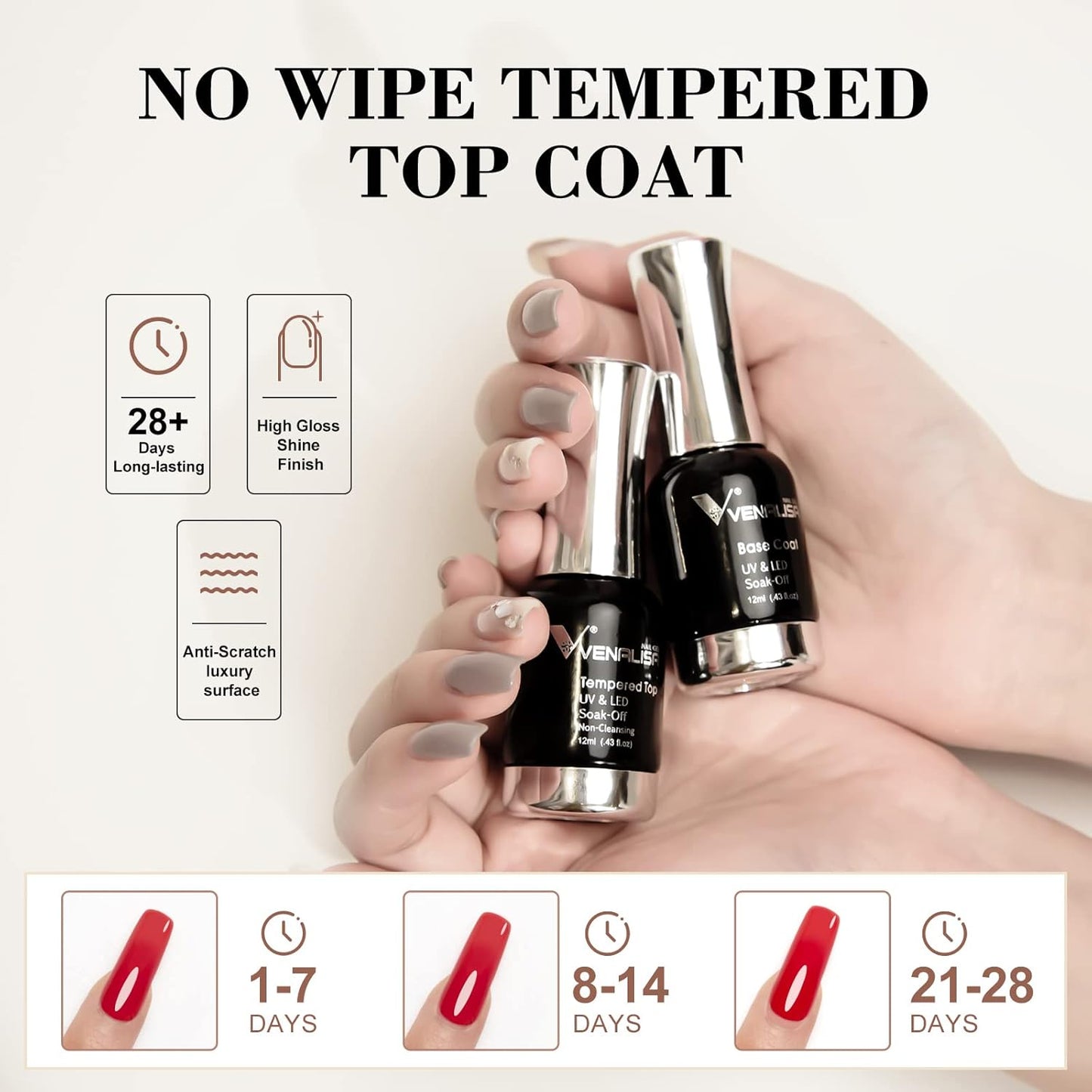 VENALISA 2 Pcs No Wipe Tempered Gel Top Coat and Base Coat Set Gel Nail Polish, Soak Off UV LED Nail Gel Polish Nail Art Starter Manicure Salon DIY at Home