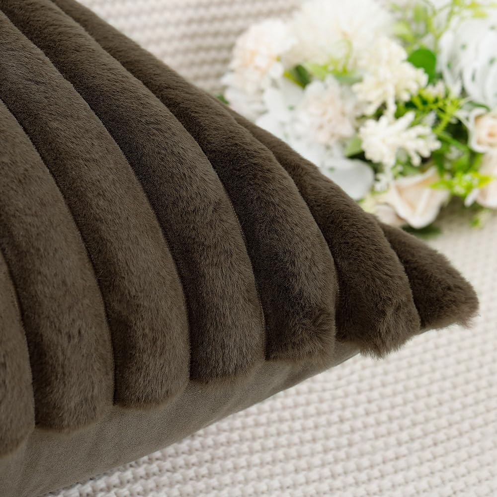 MADIZZ Set of 2 Faux Wool Plush Decorative Throw Pillow Covers 24x24 Inch Drak Brown Fluffy Striped Soft Decorative Cushion Cover for Sofa Bedroom Pillow Shell