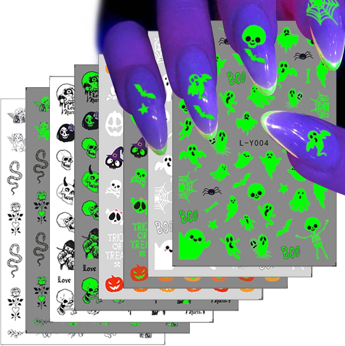 4 Sheets Halloween Nail Art Stickers Luminous Halloween Nail Stickers Glow in Dark Nail Art Design White Spooky Nail Decoration Cute Ghost Bat Spider Nail Decals for Women Girls Holiday DIY