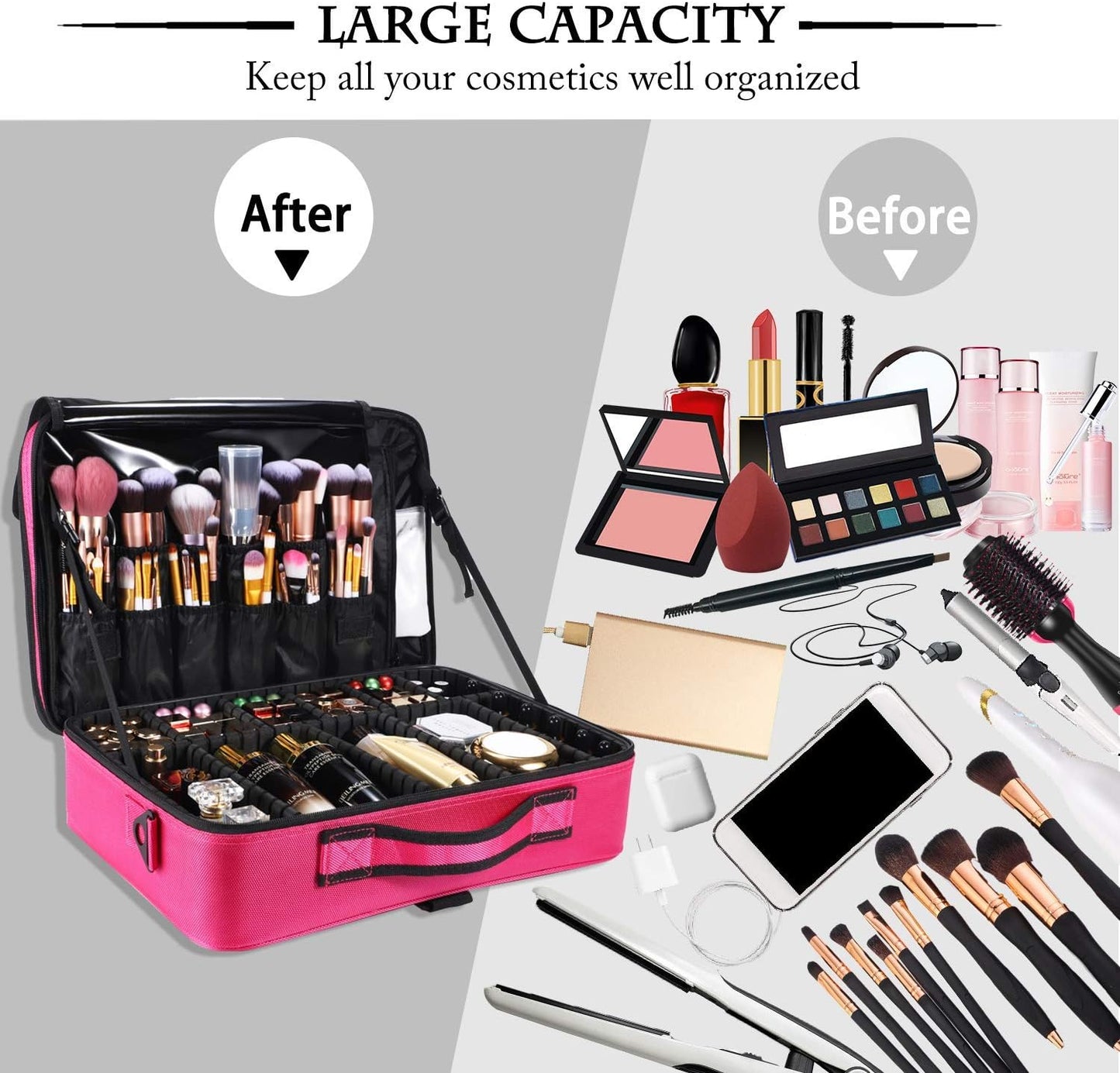Travel Makeup Case Portable Makeup Train Case Organizer Cosmetic Bag with Adjustable Dividers and Shoulder Strap for Makeup Brushes Toiletry Travel Accessories(Rose Red, L)