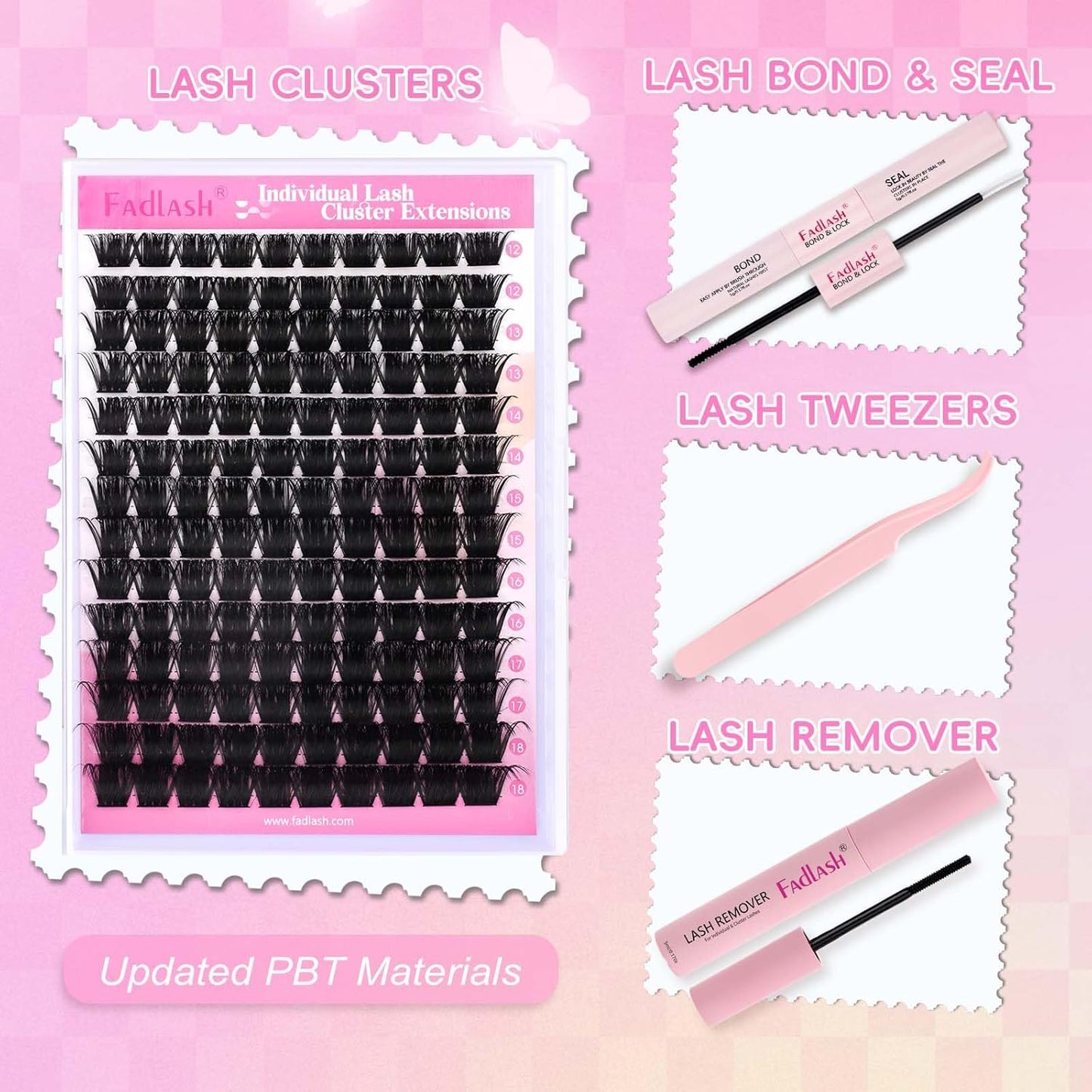 FADLASH Lash Extension DIY Kit Lash Clusters D Curl Cluster Lashes with Lash Bond and Seal Cluster Lashes Glue Remover Lash Tweezers for DIY Eyelash Extension at Home（Kit 200D-0.07D-12-18MIX）, black