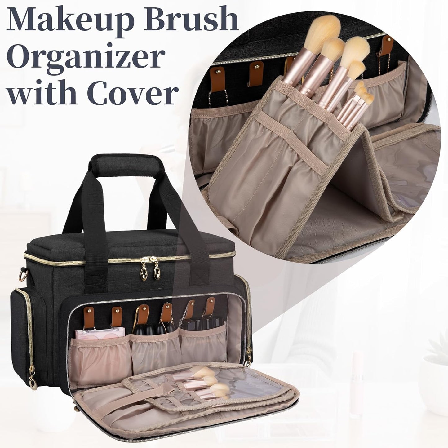 Large Travel Makeup Bag Organizer with Removable Dividers, Portable Cosmetic Storage Case with Brush Compartment and Shoulder Strap