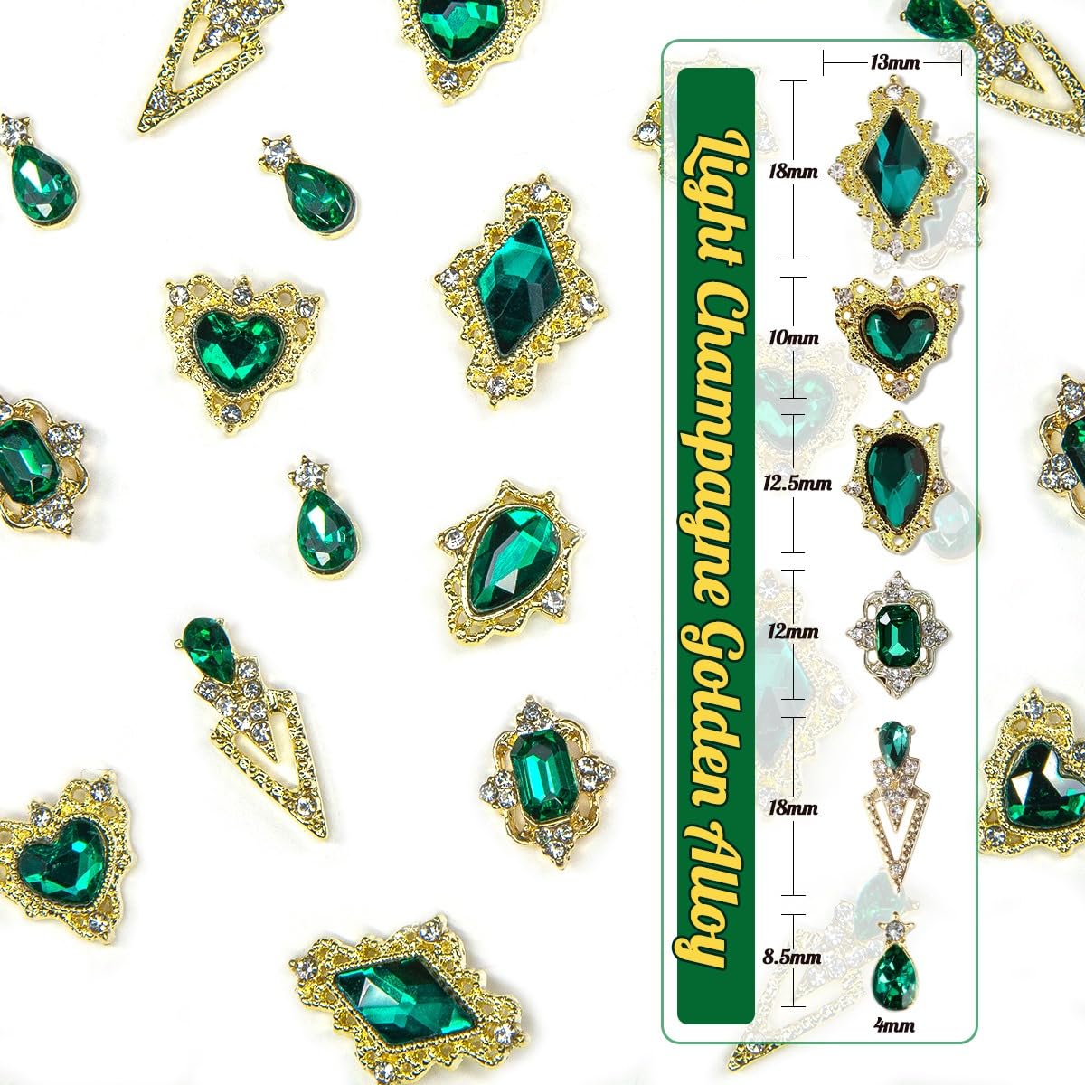 24pcs 6 Styles Emerald Green Nail Charms Big Luxury Nail Rhinestones Heart Gems Crystals Diamonds Jewelry Jewels Stones Nail Art Studs for Arylic Nails DIY Crafts Clothes Shoe Phones Cardmaking