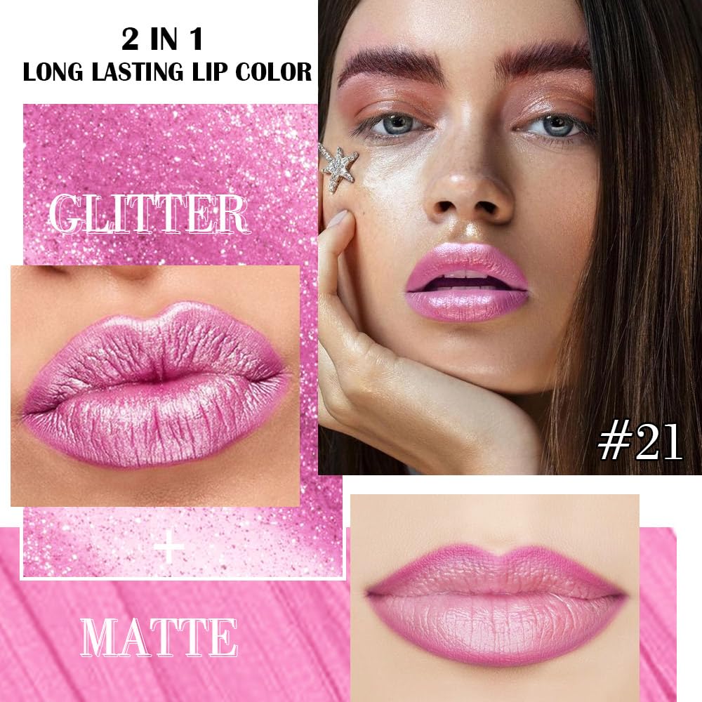 Kaely 2-in-1 Pink Metallic Lipstick and Lip Liner, Shimmer Liquid Metallic Lipsticks for Women, Glitter Lip Gloss Stain Long Lasting Waterproof Smudge Proof 24 Hour, Vegan Makeup, 21